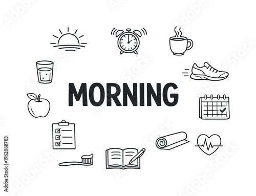 Healthy morning routine and energizing daily start lifestyle centered on waking early, preparing nutritious habits and setting positive intentions for productive and balanced days