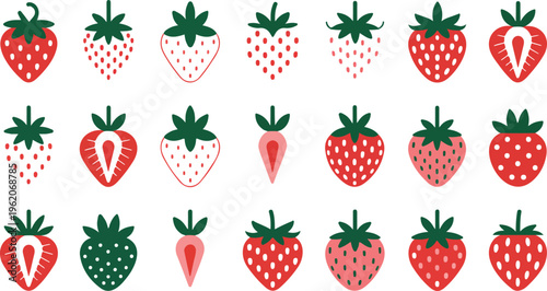 Strawberry Fruit Vector Icon Set Featuring Whole Berries And Half Sliced Pieces In Minimalist Flat Graphic Design Style