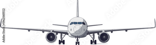 Front view commercial airplane, passenger jet aircraft on runway, modern aviation transport, airline industry, aerospace engineering, travel concept, aviation technology illustration