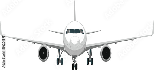 Front view modern passenger airplane, commercial jet aircraft on runway, aviation transport concept, airline industry, aerospace engineering, travel technology illustration