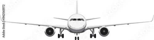 Front view passenger airplane illustration, commercial jet aircraft on runway, modern aviation transport, air travel concept, aerospace engineering, airline industry design