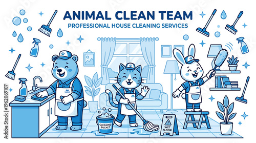 Cute Animal Cleaning Team Professional Housekeeping Service Cartoon Illustration