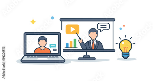 Attending an online webinar and gaining professional insights from remote educational events in a modern digital workspace routine, illustrating continuous learning and exposure to