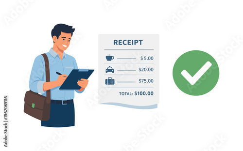 A digital expense reimbursement and financial workflow concept featuring an organized employee submitting claims beside a simple receipt document and a minimal approval checkmark