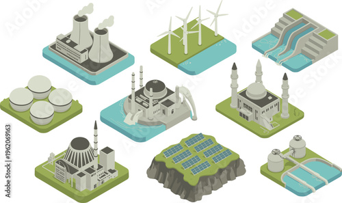 Isometric energy infrastructure illustration, wind turbines, solar panels, hydroelectric dam, nuclear power plants, sustainable electricity generation industrial eco technology concept
