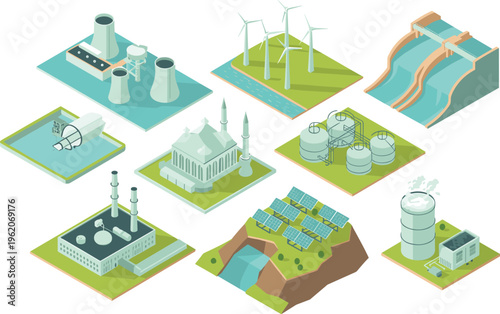 Isometric energy systems illustration, wind turbines, solar panels, hydroelectric dam, nuclear power plant, industrial facilities, renewable sustainable electricity generation concept