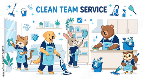 Cute Animal Team Cleaning Service with Vacuum and Mop