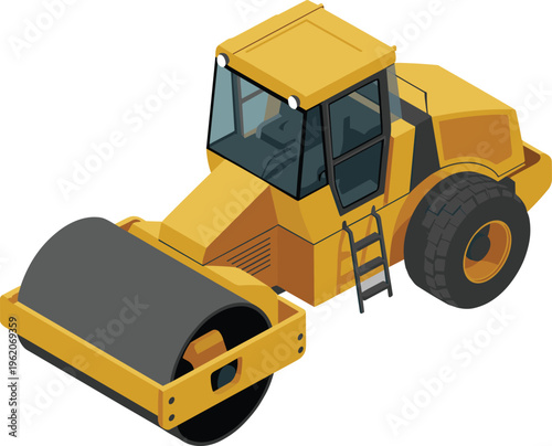 Isometric road roller compactor illustration, 3D construction vehicle for asphalt paving and roadwork, heavy machinery equipment in modern industrial design
