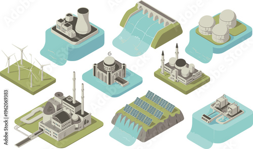 Isometric renewable energy illustration, wind turbines, solar panels, hydroelectric dam, nuclear plant, industrial power generation concept, sustainable technology clean electricity