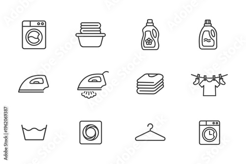 Laundry Icons Set. Washing Cleaning Clothes Service Line Icons Vector Illustration