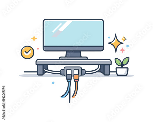 Organizing workspace cables and improving desk ergonomics in a modern productivity setup, illustrating small adjustments that enhance comfort, efficiency, and visual order during