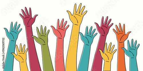 many human hands raised up, colorfull .vector icon