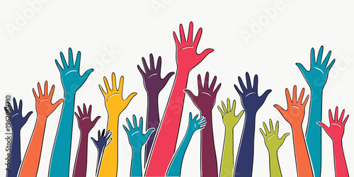 many human hands raised up, colorfull .vector icon