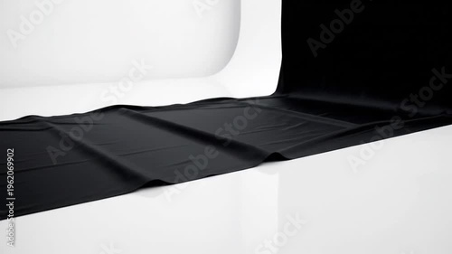 Flowing black fabric draped elegantly on reflective white surface