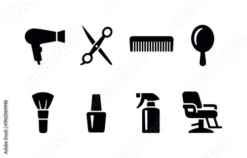 Beauty salon tools: hair dryer, scissors, comb, mirror, makeup brush, nail polish, spray bottle, salon chair.