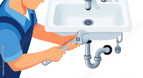 Plumber fixing a sink with a wrench.