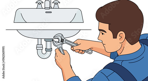 Man fixing sink with adjustable wrench.