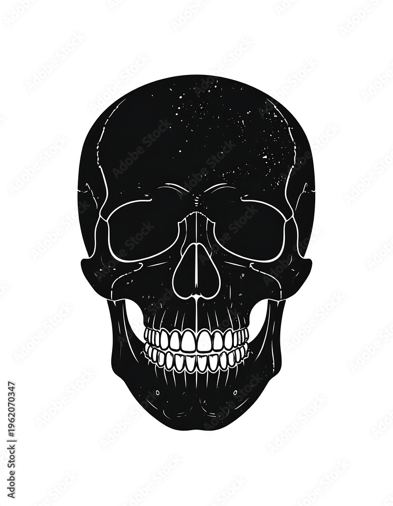 Obraz premium Black graphic depicting a frontal view of a human skull with visible teeth and eye sockets, set against a white background