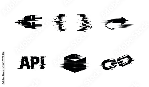 API and system integration theme, a set of five glitch-distorted monochrome objects floating on a perfectly clean white background, each object exhibiting its