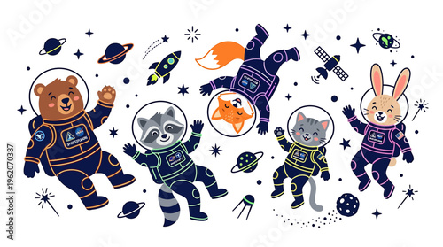 Cute Animals Astronauts Floating in Space with Planets and Stars