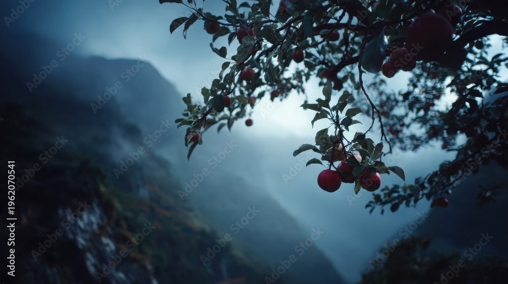 Fototapeta premium Ripening Apples on a Branch Overlooking a Misty Mountain Valley Orchard