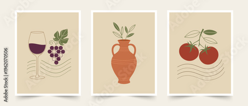 Mediterranean minimalist vector set with wine, amphora and tomatoes. Modern flat vector illustration triptych featuring traditional Mediterranean symbols in a soft terracotta palette. Abstract linear