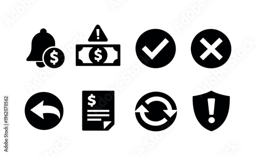 Financial notifications: payment reminder bell, low balance alert, successful payment checkmark, failed transaction cross, refund arrow, invoice notification, subscription renewal