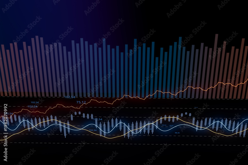 Naklejka premium Graph shows data trends with colorful lines and bars in a digital format during the night hours