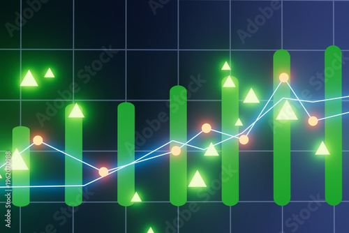 Stock market chart shows trading activity with green bars and lines depicting price changes