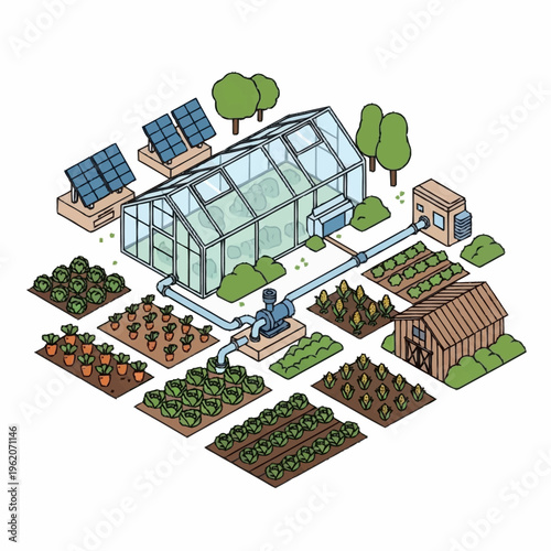 Isometric illustration of a sustainable greenhouse farm with solar panels and irrigation.