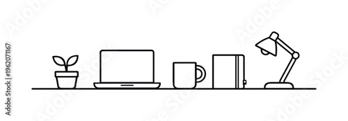 Minimal home office setup and clean workspace organization for improving focus and maintaining productive remote work environment, laptop, desk lamp, coffee mug, notebook, and