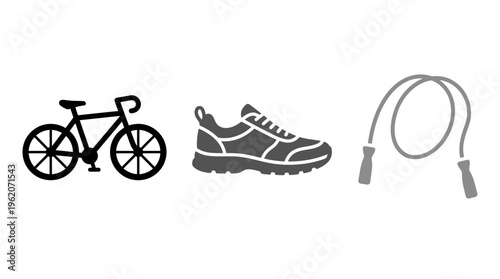 Sports and Fitness Icons Bicycle, Shoe, Jump Rope