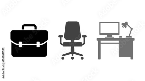 Business and Office Icons Briefcase, Chair, and Desk