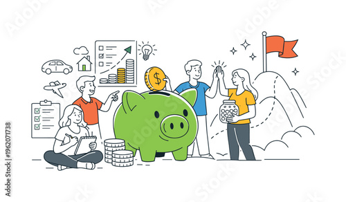 A personal finance goal setting and savings milestone scene showing individuals planning future purchases and tracking savings together around a large piggy bank and a simple flag