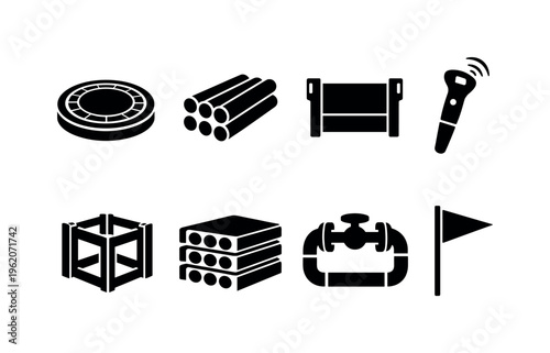 Underground utilities engineering: manhole access ring cover, service conduit pipe bundle, trench shielding panel wall, cable locator signal wand, junction chamber cube frame, duct