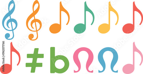 Colorful Music Note Vector Set Featuring Treble Clef Sharp Flat And Eighth Notes For Creative Education And Sound Design. (19 words)