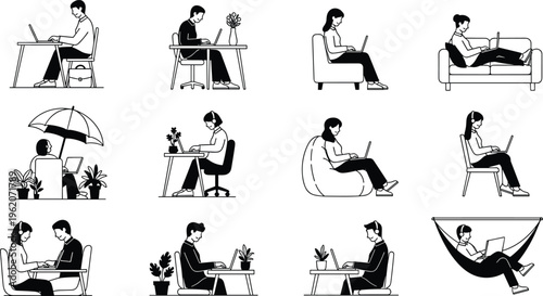 People working remotely in various positions with laptops, home and outdoor workspace lifestyle concept, modern minimal vector illustration collection set