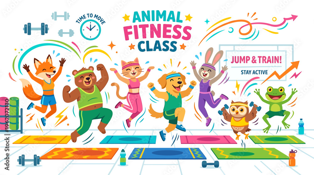 Fototapeta premium Cute Animals Fitness Class Jumping and Exercising Together, Fun Activity
