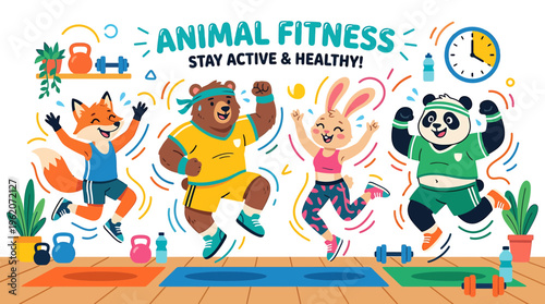 Cute Animals Exercising Together: Fox, Bear, Rabbit, Panda - Animal Fitness
