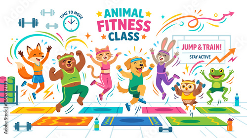 Cute Animals Fitness Class Jumping and Exercising Together, Fun Activity