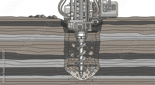 Drilling machine digging into earth ground.