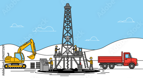 Drilling rig with excavator and truck.