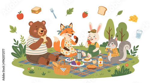 Cute animals having a picnic in the park, forest friends enjoying food outdoors.