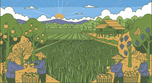 Farmers harvesting crops in the field.