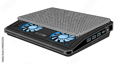 Laptop cooling pad with blue fans.