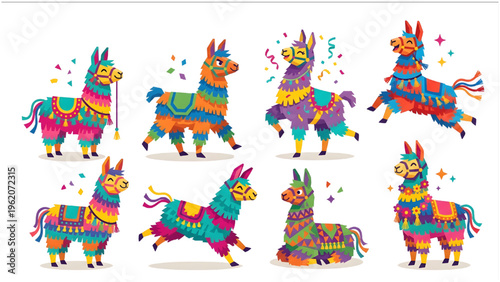 Vibrant Llama Pinata Vector Set Flat Geometric Alpaca with Paper Fringe Texture for Fiesta Party Invitations and Birthday Branding