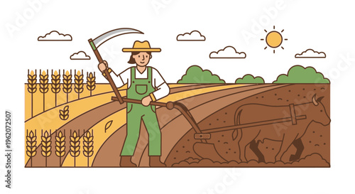 Man in green overalls holding scythe.