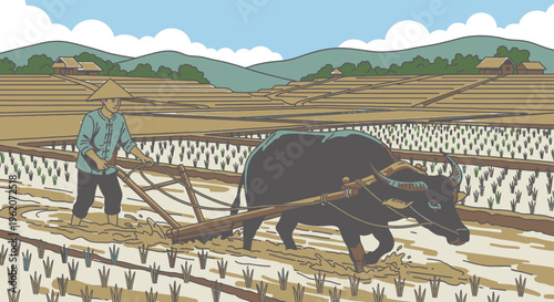 Man plowing field with black ox.