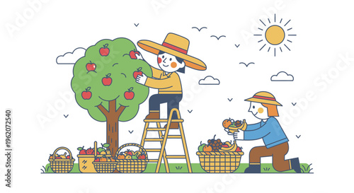 Men picking apples from tree.