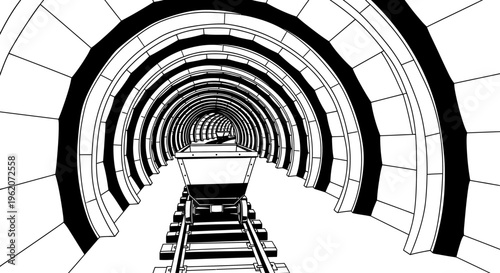 Mine cart on railway tracks tunnel.